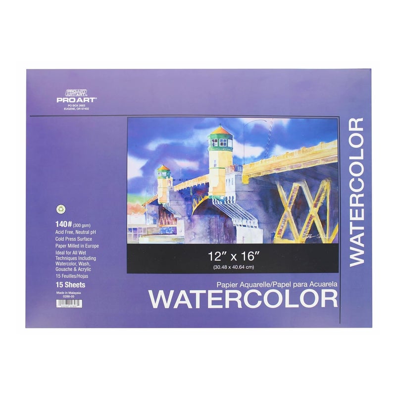Pro Art Painting Pad Watercolor Pad 12"x 16" Acid Free 140lb 15pc Block - Image 1